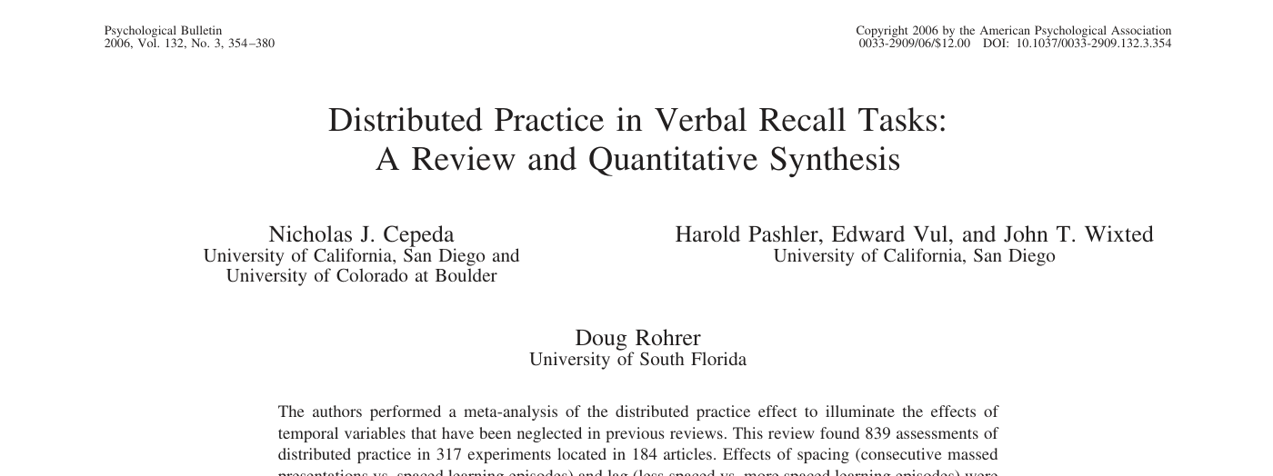 Primeira página do artigo Distributed Practice in Verbal Recall Tasks: A Review and Quantitative Synthesis