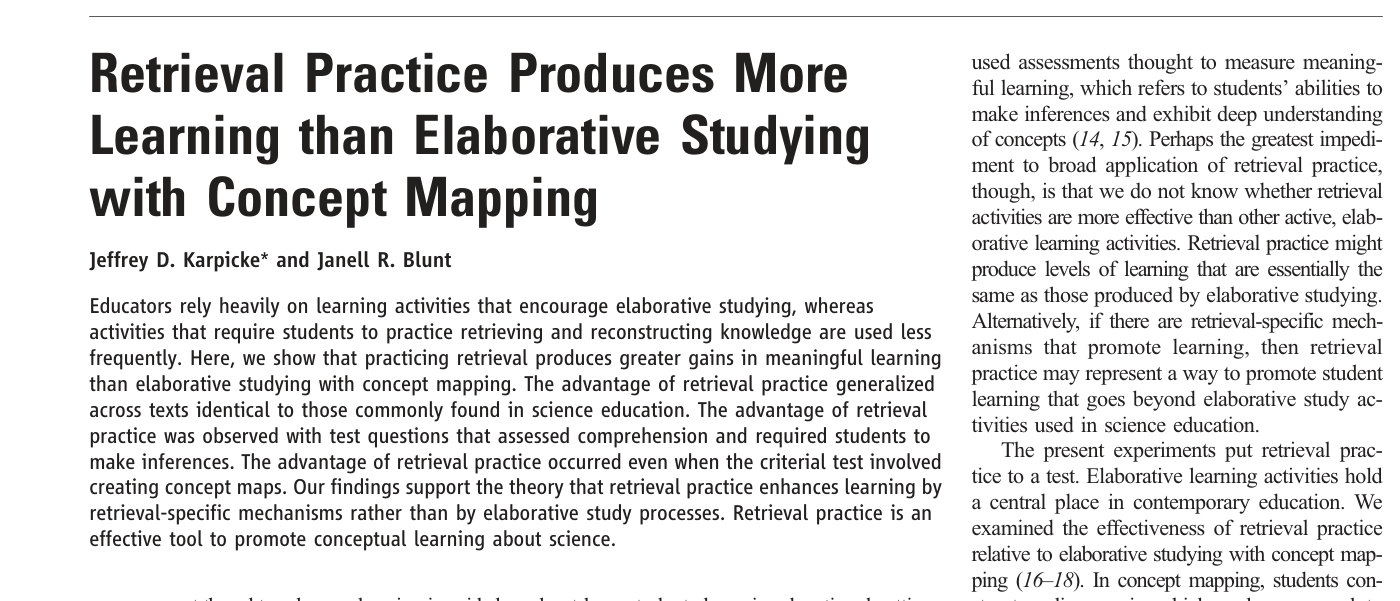 Primeira página do artigo Retrieval Practice Produces More Learning than Elaborative Studying with Concept Mapping