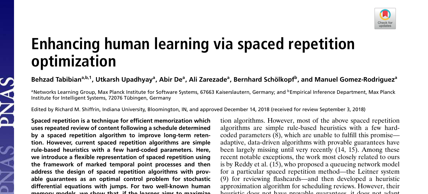 Primeira página do artigo Enhancing human learning via spaced repetition optimization